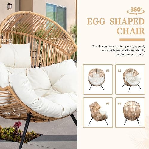 Vongrasig Outdoor Wicker Egg Chair PE Rattan Chair with Cushion, Oversized Patio Lounge Chair for Outdoor, Indoor, Balcony, Backyard, Garden, Beige thumbnail 7
