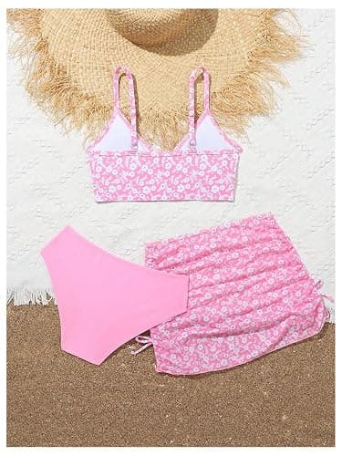 COZYEASE Girls' 3 Piece Set Floral Print Bikini Swimsuit with Drawstring Beach Skirt Cute Ruched Bathing Suit thumbnail 2