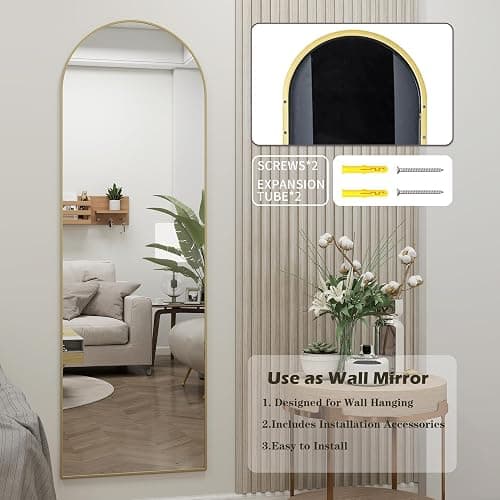 JAWGLOW Arched Full Length Door Mirror 14x48, Metal Frame with Protective Film, No-Drilling Hanging or Wall Mount, Hooks & Hardware Included, Full Body Mirror for Bedroom, Dorm, Gold thumbnail 7