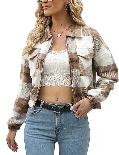 Lingjiazi Womens Cropped Flannel Plaid Shacket Zip Up Shirts Jackets with Pockets - Image 1