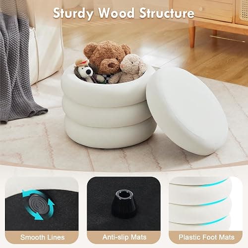 Zibeths Round Velvet Storage Ottoman with Removable Lid, Small Tufted Vanity Stool for Dorm, Modern Compact Footrest for Bedroom Entryway Lounge, White thumbnail 5
