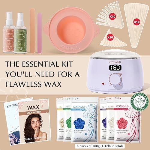 KOTAMU Waxing Kit for Women & Men, Wax Warmer for Hair Removal, Digital Wax Kit with SiliconePot，Ideal for Face Eyebrow Arm Legs Armpit &Sensitive Skin, Purple Waxing Machine With 44 Accessories thumbnail 3