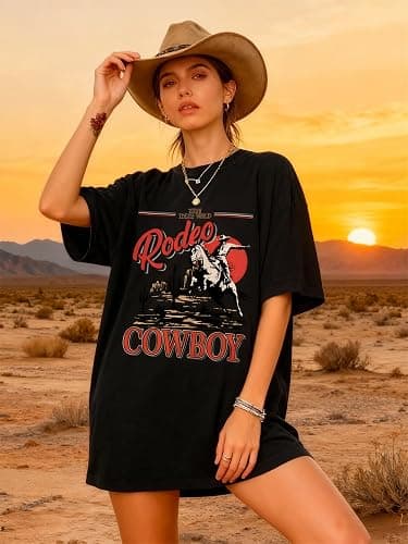 Oversized Western Shirts for Women Cowgirl Rodeo Graphic Tee Top Cowboy Vintage Country Concert Outfit thumbnail 2