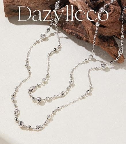 Long Beaded Silver Necklaces for Women Layered Long Statement Necklace with Stone Pearl Beads Double Sweater Chain Costume Jewelry for Women thumbnail 2