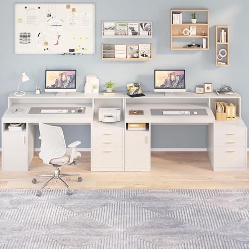 YOMILUVE Computer Desk with 3 Drawer & Storage Shelves, Home Office Desk with File Drawer & Cabinet, Writing Study Table with Long Monitor Stand & Printer Shelf, Executive Desk, White thumbnail 9