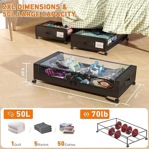 Under Bed Storage with Wheels, 2 Pack Under Bed Storage Containers with Clear Lids, XXL 65L Under Bed Storage Organizer, Rolling Under Bed Metal Drawer for Blanket, Clothes, Shoes (31 x 17 x 6.69 in) thumbnail 2