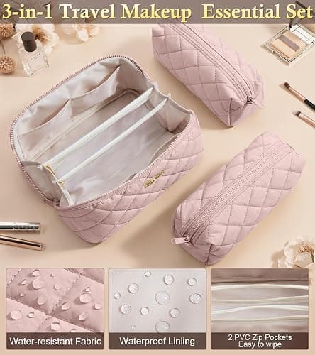Travel Makeup Bag, 3 Pcs Large Capacity Puffy Toiletry Bag for Women, Open Flat Quilted Make up Cosmetic Organizer w/Handle & Clear Divider Water-resistant Portable Pouch Travel Essentials, L-Black thumbnail 6