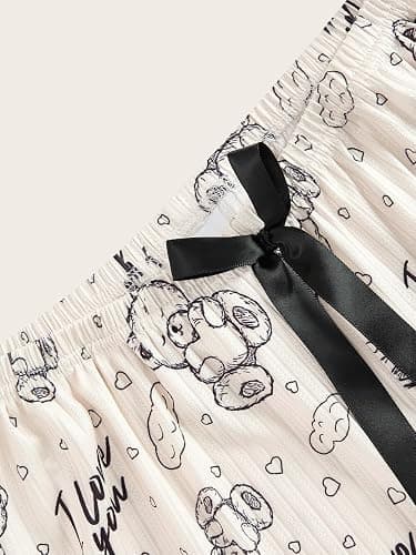 winkbay Women's Cute Cartoon Bear Print Bow Pajamas 2 Piece Notched V Neck Crop Cami Top and Pants Lounge Sets thumbnail 4