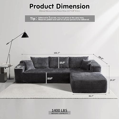 ovios 104" Cloud Sectional Couch with L-Shape Chaise,Modern Modular Sofa with Deep Seat, Upholstered Couches for Living Room Bedroom,No Assembly Required, Grey (Plush Corduroy Fabric) thumbnail 3