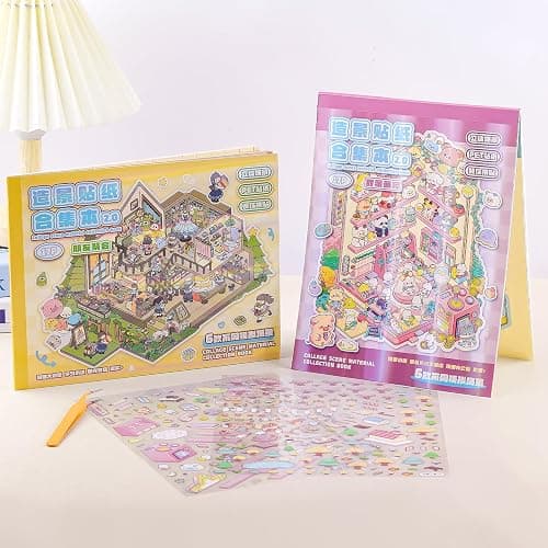 12 Sets of Big DIY 3D Sticker Scene, 2 Sticker Books of Cute Kawaii Animals and Party 3D Scene Stickers, Make Your Own DIY Miniature House Scenes for Stress Relief thumbnail 2