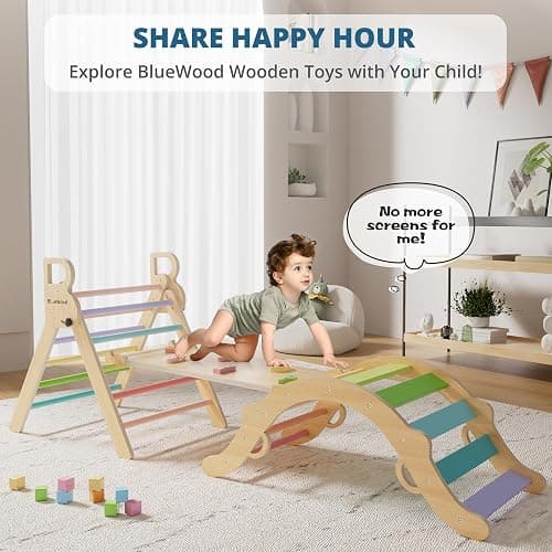 BlueWood Pikler Triangle Set, Toddler Wooden Climbing Toys Indoor 7in1 Foldable Climber for Kids, Montessori Philosophy Play Jungle Gym with Arch, Ramp, Ladder (Colorful Spring) thumbnail 6
