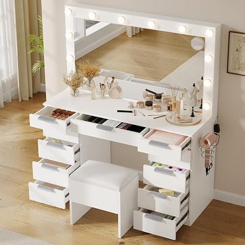 YITAHOME Vanity Table with LED Mirror, 11 Drawer Makeup Desk with Charging Ports, 3 Light Settings & Comfortable Stool thumbnail 3