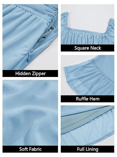 Wenrine Womens Puff Short Sleeve Mini Dress Mesh Square Neck High Waist Ruffle Hem Flowy Party A Line Dress thumbnail 7