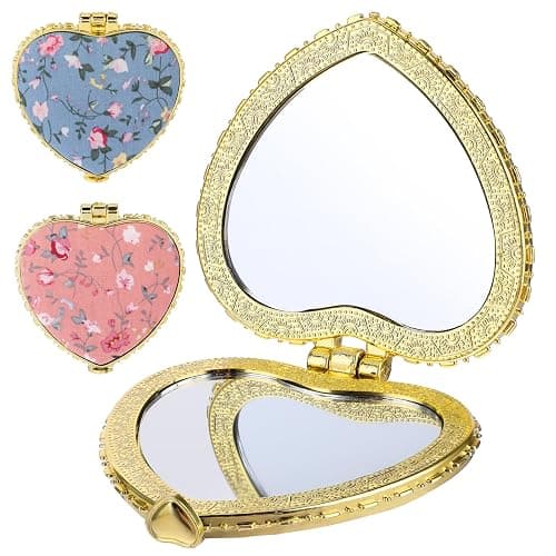 YUXIANLB 2 Pcs Compact Mirror for Purse, Vintage Double-Sided Flower Makeup Mirrors Portable Trave Cosmetic Mirror for Women Girls, Heart Folding Mini Handheld Mirror for Pocket (Pink, Blue) - Pink, Blue thumbnail 9