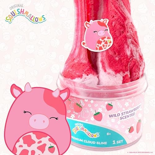 Original Squishmallows Calynda The Cow Premium Cloud Slime, Strawberry Scent, 8 oz. Jar Storage Container with Figurine Topper, Rubber Charm, Goodie Bags Stuffers, Kids Party Favors, Sensory Toys thumbnail 4