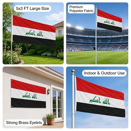 Iraq Flag 5ft x 3ft with Brass Eyelets – Polyester Iraqi Flag Banner for FIFA World Cup Football Matches, Fan Zones, Home & Garden Display thumbnail 10
