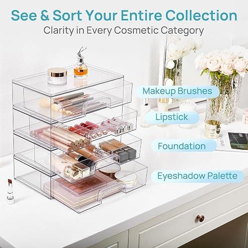Vtopmart 12.1''W Clear Stackable Storage Drawers,2 Pack Acrylic Plastic Organizers Bins for Makeup Palettes, Cosmetics, and Beauty Supplies,Ideal for Vanity, Bathroom,Cabinet,Desk Organization thumbnail 4