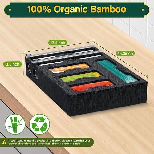 KOCWELL Bag Organizer & Plastic Wrap Dispenser with Cutter, 6 In 1 Bamboo Foil & Plastic Wrap Organizer for Kitchen, Food Storage Bag Organizer thumbnail 2
