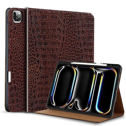 Gexmil Genuine Leather Case for iPad Pro 11 Inch 4/3/2/1st Gen 2022/2021/2020/2018,Smart Folio with Pencil Holder,Protective Shockproof Real Leather Cover,Auto Sleep/Wake,Brown Crocodile - Image 1