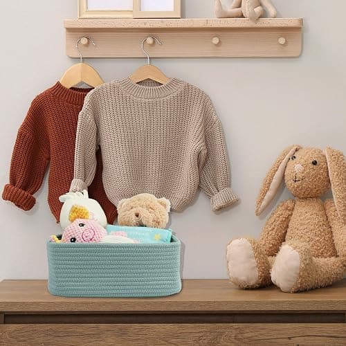 XUANGUO Small Woven Storage Baskets for Shelves, 12" x 8" x 5", Green | Decorative rope storage bins for closets and toy storage; cute organizer baskets, empty gift baskets and nursery storage. thumbnail 5