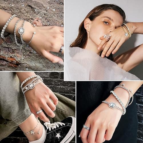 4 Pcs Dainty Gold Silver Bracelets Set for Women 14K Plated Link Cubic Zirconia Paperclip Stake Layering Chain Adjustable Trendy Hand Jewelry thumbnail 2