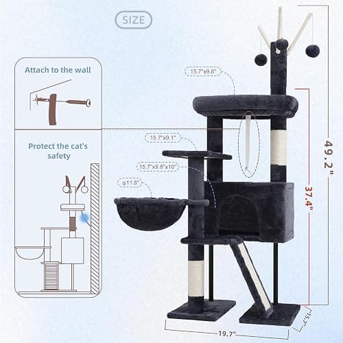 Gitelsnour Cat Tree for Indoor Cats, Cat Tower with Scratching Post for Small Cats and Kittens, Cat House with Removable Top Platform and Fluffy Balls, Hanging Cat Basket, Smoky Gray GCT006SG thumbnail 7