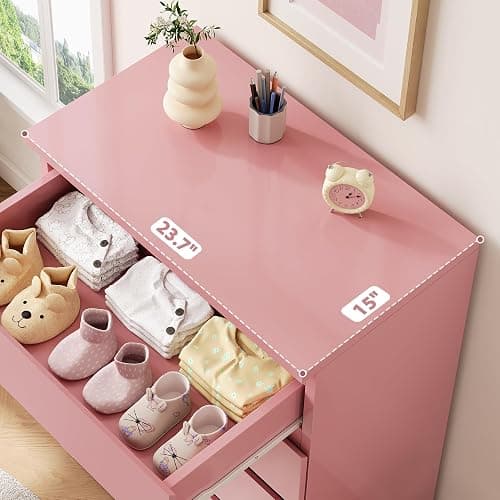 Jocoevol Pink 5 Drawer Dresser for Bedroom, 15" D x 23.7" W x 40.4" H in Simply Chest of Drawers, Wood Storage Dresser with Drawers for Living Room Hallway Entryway, Pink thumbnail 5