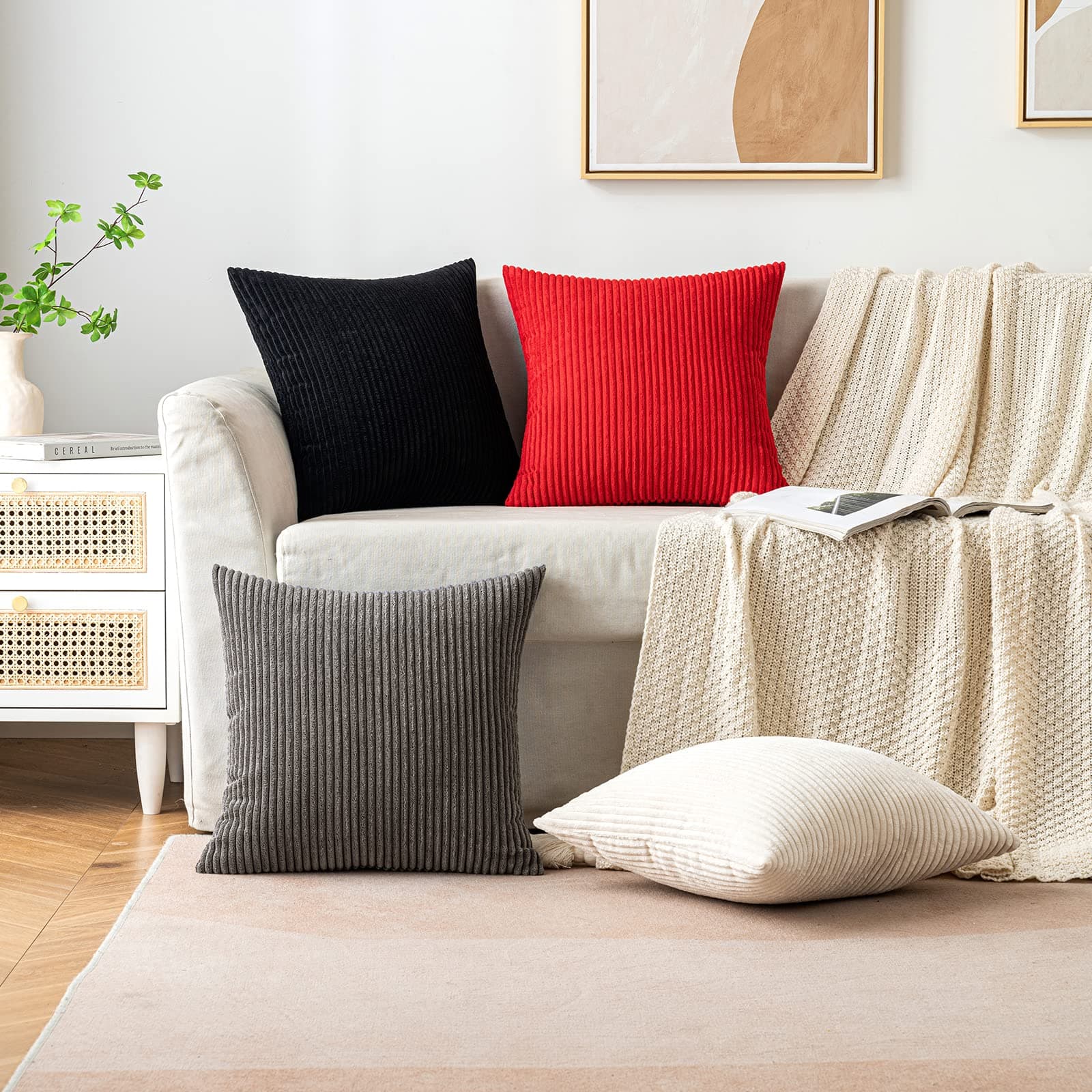 EMEMA Corduroy Cushion Covers Square Throw Pillow Cases Stripe Soft for Home Sofa Bedroom Decorative Pillow Cases 45 x 45 cm Set of 2 Black thumbnail 4