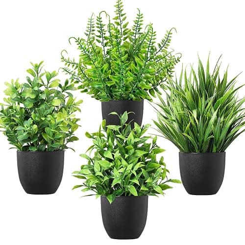 ComRola 4 Pack Small Fake Plants in Black Pots Fern Grass Mix | Faux Artificial Indoor Greenery, Realistic Mini Foliage for Bathroom Decor, Office Shelf & Console Table - Image 1