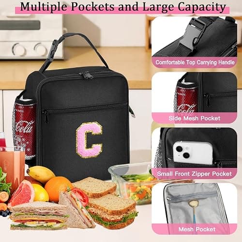 Initial Insulated Lunch Bag, Lunch Box with Initial Letter Patch for Teen Adult, Reusable Lunch Bag for Men Women, Ideal Back to School Gift Birthday Gift, Pink C thumbnail 5