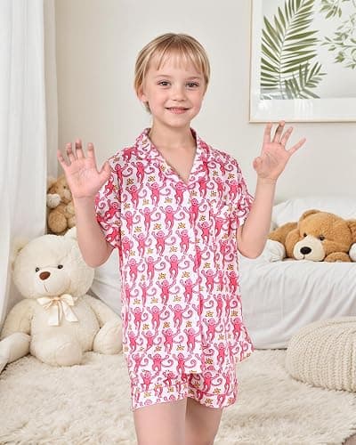 Zelbuck Girls Summer Outfit, Kids 2 Piece Button Down Monkey Beach Shorts Set Ugly Animal Y2k Preppy Loungewear Pjs thumbnail 3