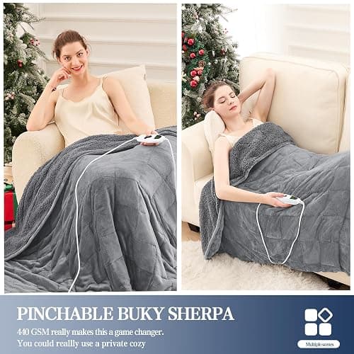 greenoak Heated Weighted Blanket for Adults - Sherpa Fleece Electric Throw Blanket (50”x60”, 13lbs, Light Gray) - Thick Soft Warming Plush Heating Blanket with 10 Heating Levels & 1-8 Hours Auto Off thumbnail 6