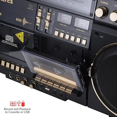 aiwa Retro Boombox BackTrack CD Player with Cassette Recording, Bluetooth 5.0, FM/AM Radio, USB/SD/AUX Inputs, VU Meters, LCD Display, Dual 40W Speakers (Black and Gold) thumbnail 2
