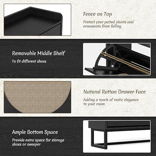 BonVache Rattan Shoe Storage Cabinet Black with Adjustable Shelves, Storage Unit for Hallway, Wooden Shoe Organiser with 3 Flip Drawers, Entryway and Living Room thumbnail 3