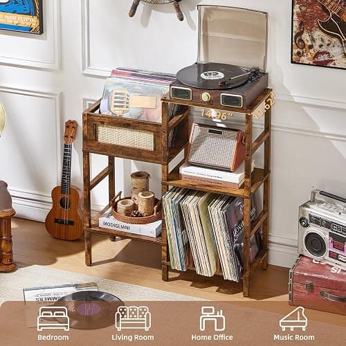 LELELINKY Record Player Stand, Vintage Brown Wood Record Holder with Vinyl Storage Holds up to 300+ Albums, 3-Tier Rattan Media Table with Vinyl Display Shelf, Record Storage Cabinet for Living Room thumbnail 6