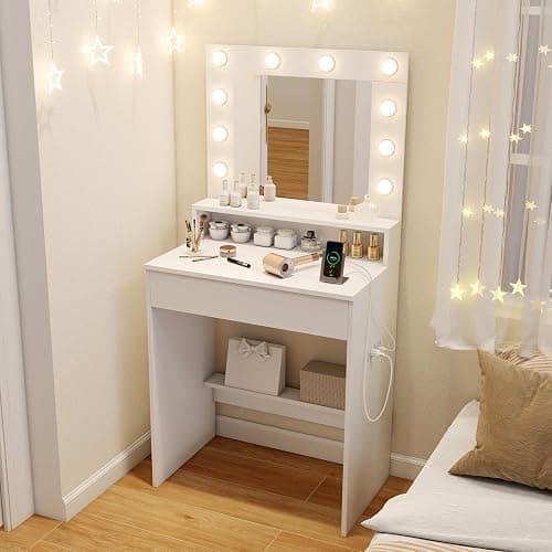 LOKO Vanity Desk with Mirror & Lights, White Dressing Table with 3 Lighting Modes & Adjustable Brightness, Open Shelves & Large Drawer, Built-in Charging Station, Compact Makeup Vanity for Small Space thumbnail 3