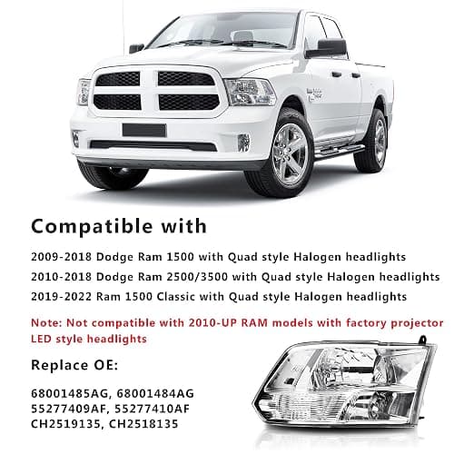 Headlights Assembly for 2009 2010 2011 2012 2013 2014 2015 2016 2017 2018 Dodge Ram 1500 2500 3500, Quad Headlamp Assembly Replacement, Chrome Housing Clear Corner thumbnail 2