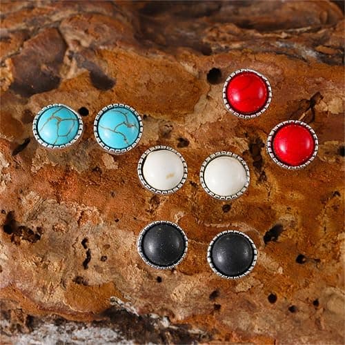 QLYOVW Natural Turquoise Stud Earrings for Women Small Classic Round Reconstructed Turquoise Gemstone Earrings Bohemian Vintage Country Western Ethnic Earrings Handmade Chakra Healing Jewelry thumbnail 5