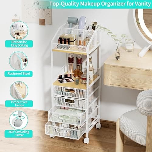 HapiRm Makeup Organizer Storage Cart - Floor Skincare Make Up Storage with 4 Drawers, Rolling Makeup Cart Vanity Organizer Cosmetics Display Cases Holder for Skin Care Perfume Nail Polish thumbnail 7