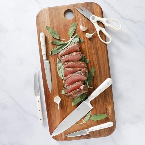 MARTHA STEWART Eastwalk 14 Piece High Carbon Stainless Steel Cutlery Kitchen Knife Block Set w/ABS Triple Riveted Forged Handle Acacia Wood Block - Linen White thumbnail 2