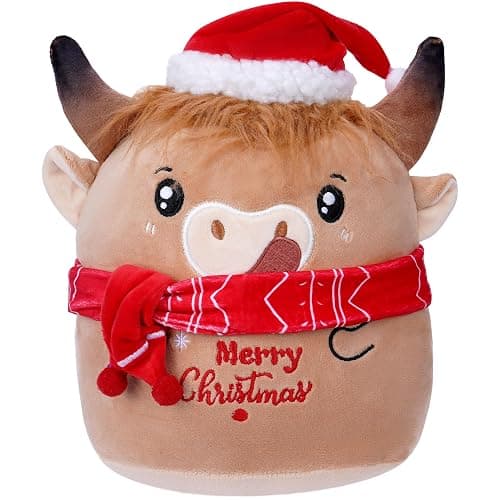 SEAOPOP Christmas Cow Stuffed Animal: 8-Inch Cute Highland Cow Plush Toy with Festive Scarf Soft Plushie Pillow, Perfect Christmas Holiday Birthday Gifts for Kids Girls Boys - Image 1