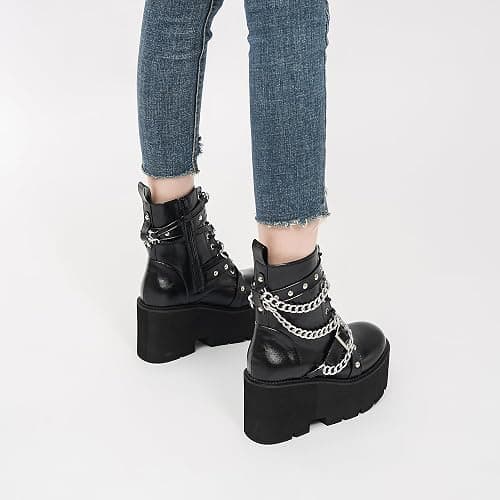 QPAO Women's Fashion Goth Boots,Black Chunky Platform Combat Ankle Booties Zipper Punk Boots Mid Calf Boots for Women thumbnail 8
