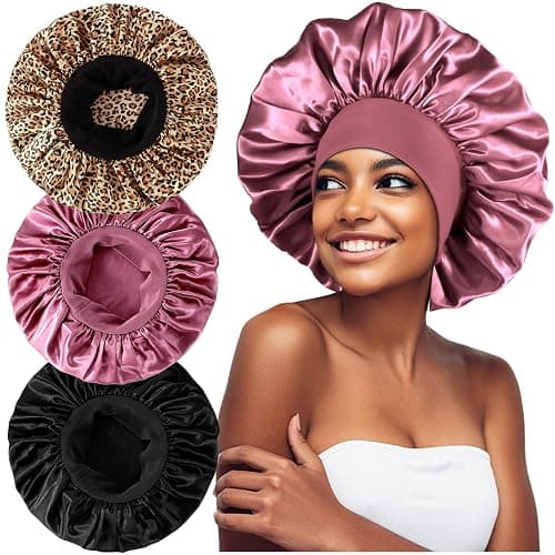 3PCS Extra Large Satin Bonnets for Sleeping, Hair Bonnets for Black Women Braids Curly Hair, C - Image 1