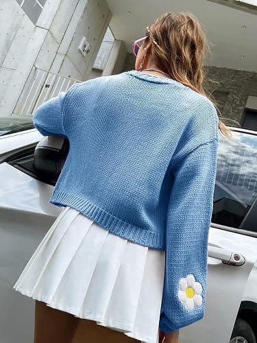 Womens Y2K Cardigan Sweaters Long Sleeve Open Front Cropped Flower Knit Cardigan Aesthetic 90s Shrug Back to College Outfits thumbnail 5
