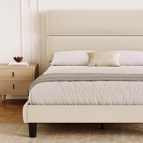GRUSIGN Queen Size Platform Bed Frame with Velvet Headboard, Adjustable Height Wooden Slats Support, Upholstered Mattress Foundation, Fits Mattress or Mattress with Box Spring, Easy Assembly, Beige thumbnail 4