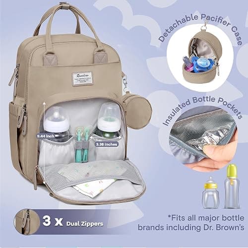 RUVALINO Diaper Bag Backpack-Multifunction Baby Travel Bag with Changing pad, Insulated Bottle Holders & Pacifier Case, Large Capacity, Waterproof, Clay thumbnail 2