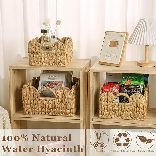 GVKGVK 3 Pack Scalloped Edge Basket Hand Woven Wicker Storage Baskets Rattan Baskets with Handles for Organizing and Storage thumbnail 5