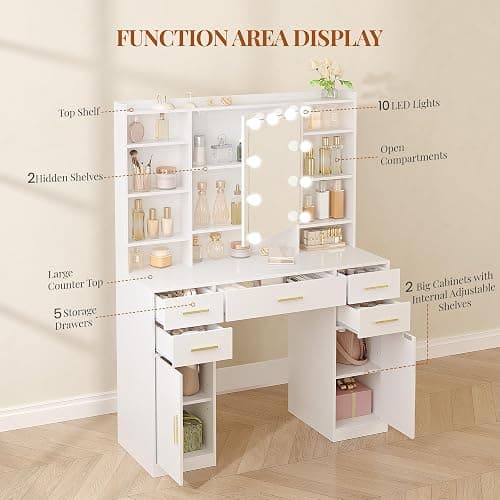 HEXCELEN 108 cm Coiffeuse avec Miroir et Lumières LED, Blanc | Luminosité Réglable, Tiroirs, Armoire et Étagères Ouverts, Table de Maquillage, Miroir avec Étagères Cachées thumbnail 6