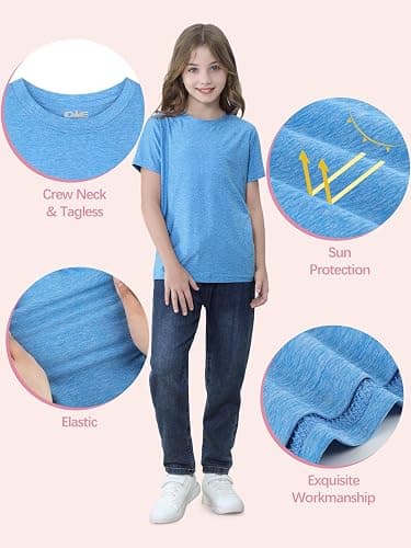 5 Pack Girls Shirts Athletic Dry-Fit T Shirts for Girls Clothes Summer Tops | Short Sleeve Kids Tshirts for 5-18Y, Sun Protection Active Tops for Outdoor Play & Sports, Breathable & Sweat-Absorbing thumbnail 3
