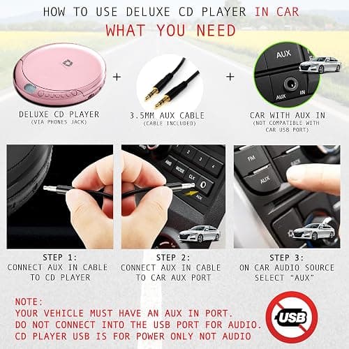 Deluxe Products CD Player Portable with 60 Second Anti Skip, Stereo Earbuds, Includes Aux in Cable and AC USB Power Cable for use at Home or in Car. Pink thumbnail 3